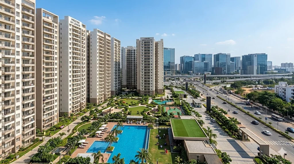 Exterior view of premium luxury apartments by Prestige Group located near the bustling IT hub of Hitech City, Hyderabad.